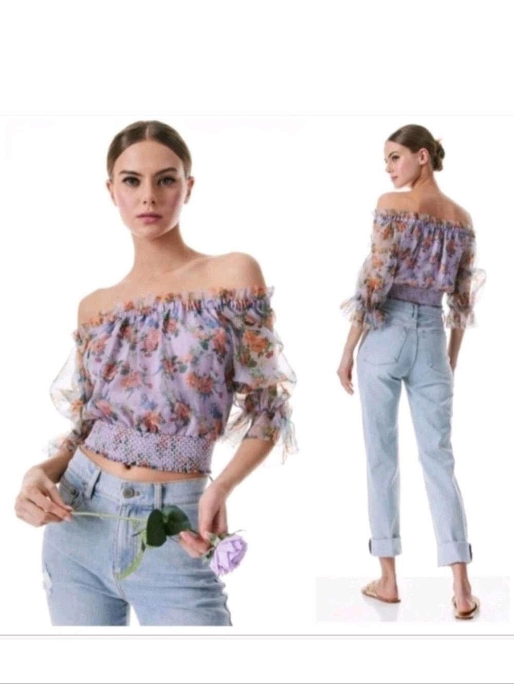 ALICE + OLIVIA Caprina Silk Puff Sleeve Off Shoulder Crop Top Size Small $395